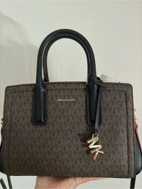 Michael Kors Brown Monogram Satchel with Black Handles